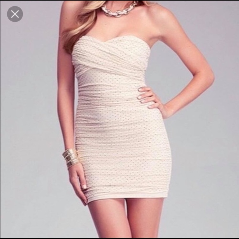 Bebe strapless gold studded mesh dress